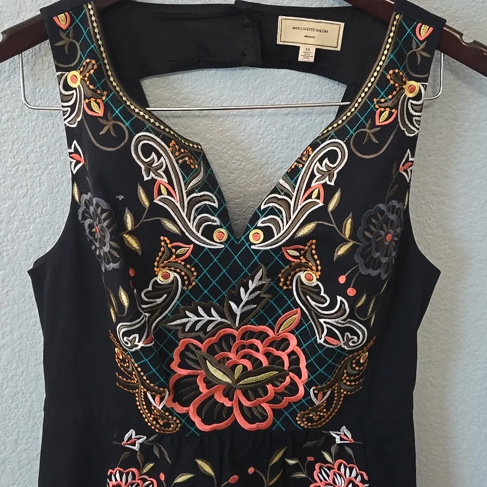 Anthropologie Moulinette Soeurs Embroidered Perennial Dress Black Floral Sz 10 - Picture 5 of 14